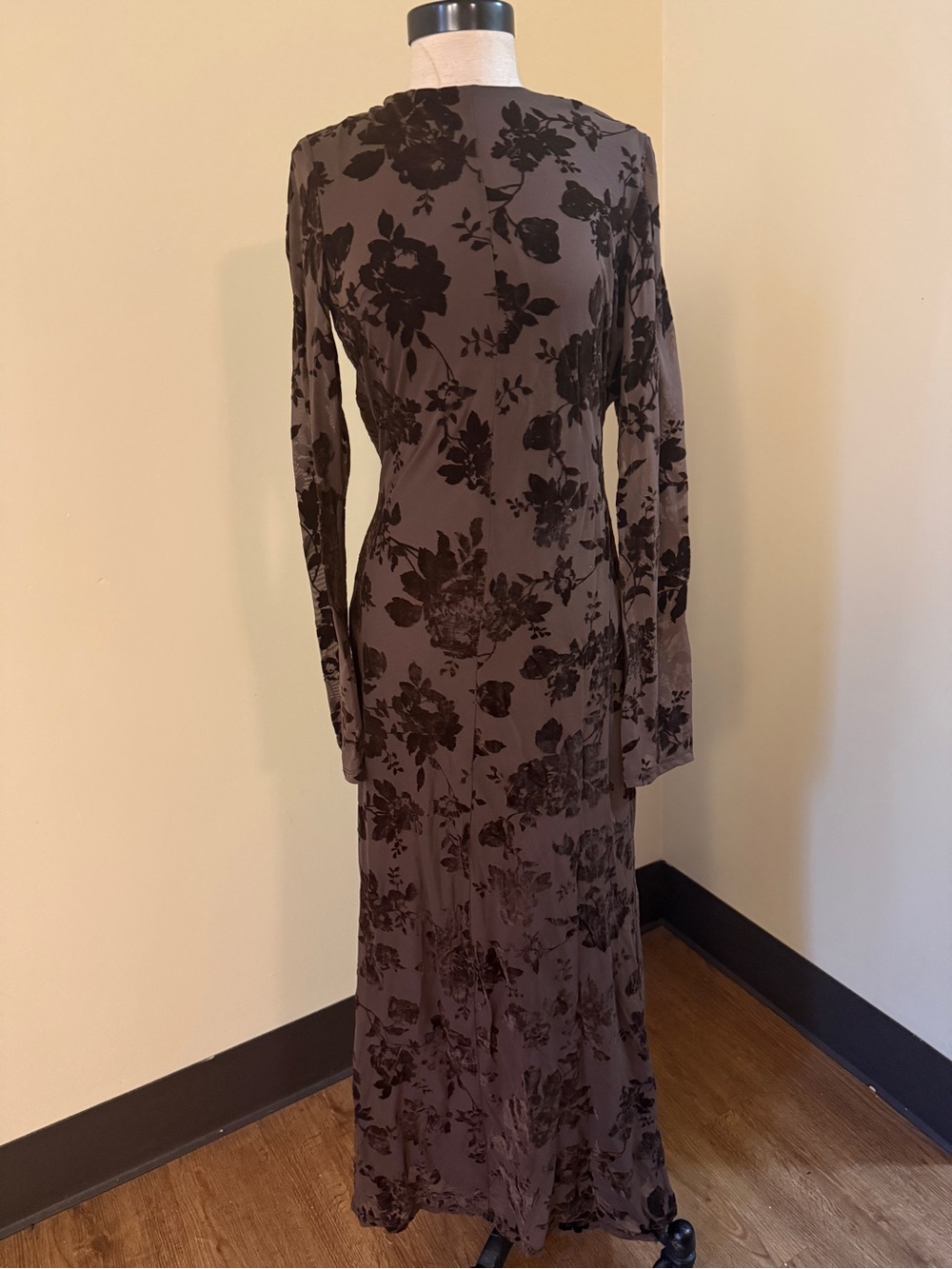 Zara Brown Floral Burnout Velvet Maxi Dress